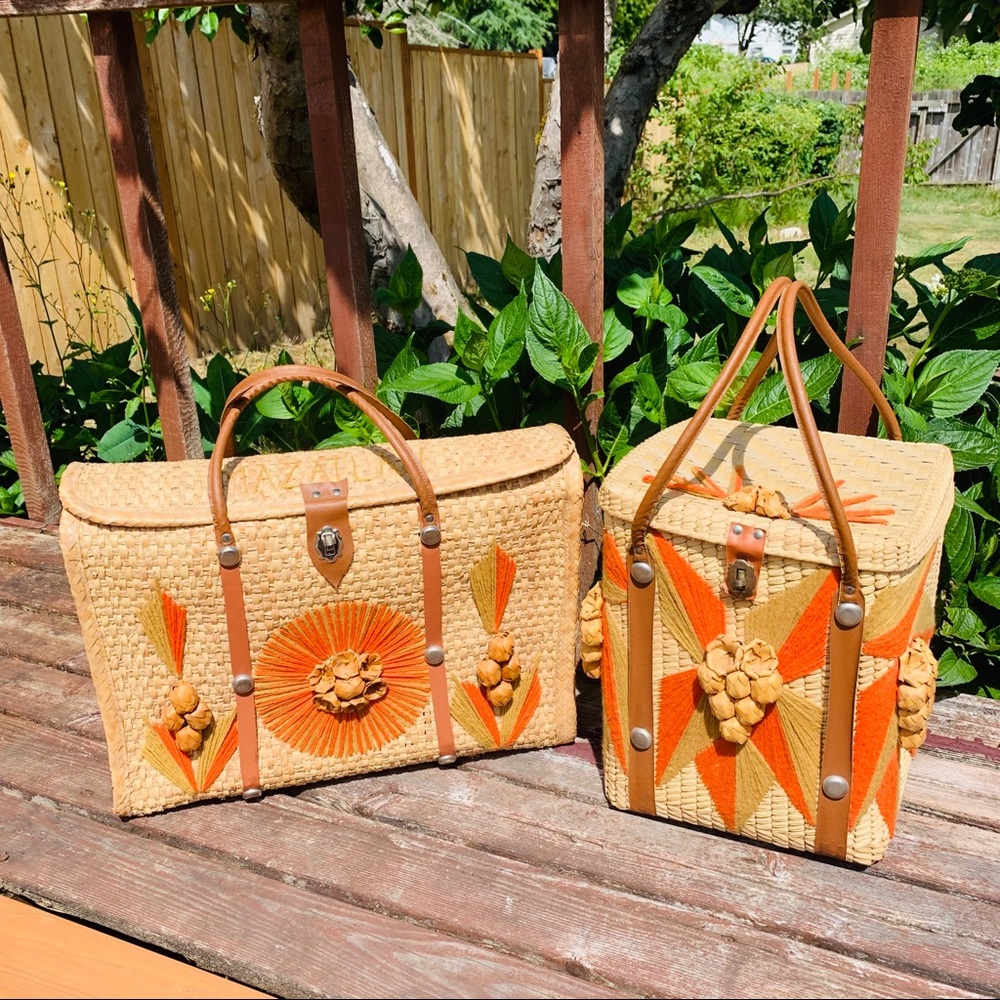 Beach Straw Wooven Square VTG basket Bag - Picture 2 of 8